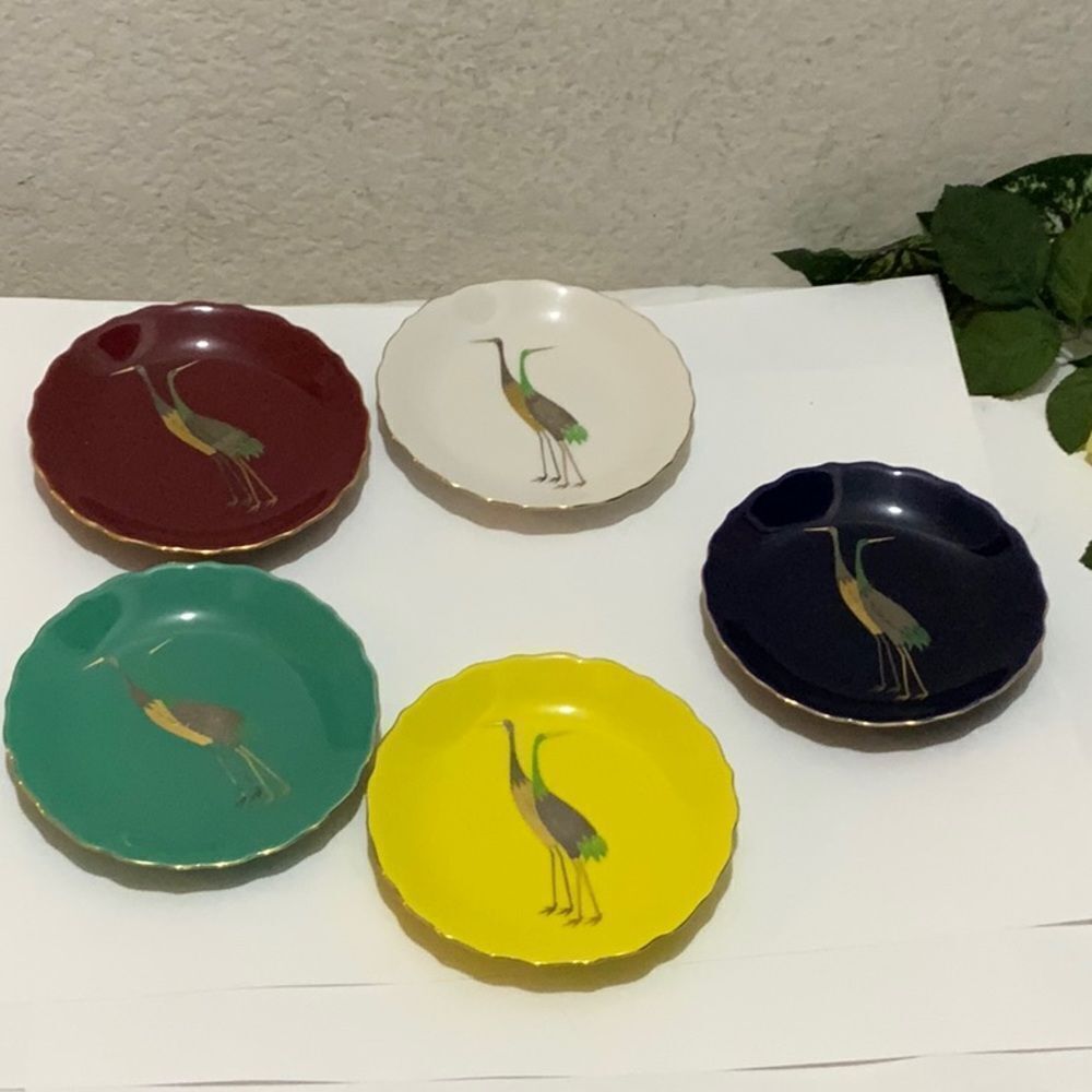 Set 5 Rare Vintage Japan Koransha Cobalt Porcelain Scalloped Plates Set Cranes
